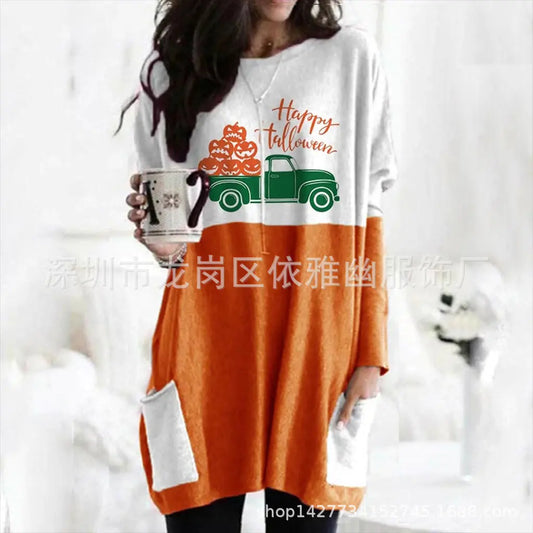 Pumpkin Halloween Long Sleeve Pocket Dress