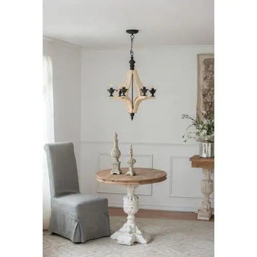 6 - Light Wood Chandelier With Adjustable Chain For Kitchen, Dining Hall Entrance, Bulb Not Included