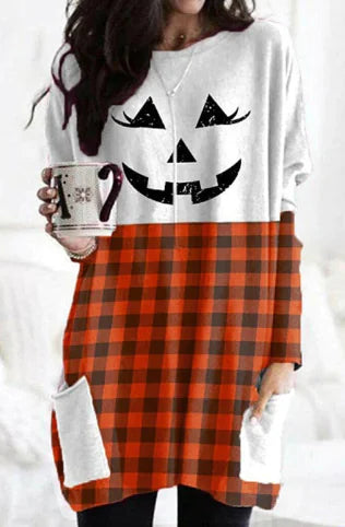 Pumpkin Halloween Long Sleeve Pocket Dress