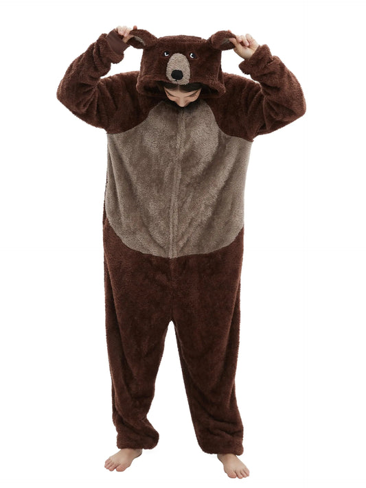 QSTYLE Adult Animal Onesie Halloween CostumeOne Piece Cosplay Suit for Women and Men Brown