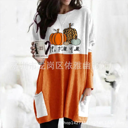 Pumpkin Halloween Long Sleeve Pocket Dress