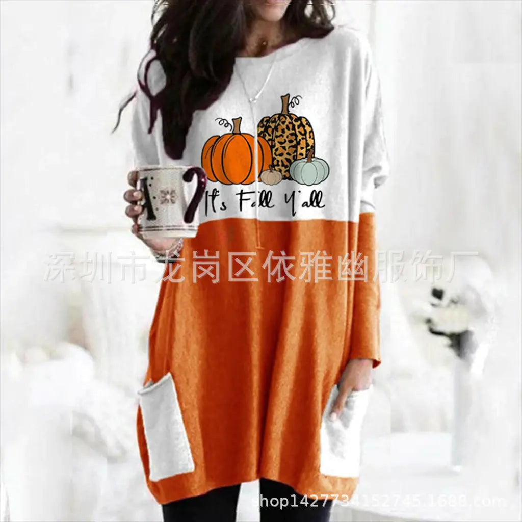 Pumpkin Halloween Long Sleeve Pocket Dress