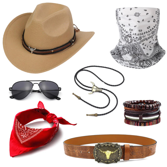 EIELO Cowboy Outfit for Men Western Cowboy Hat Leather Bolo Tie Belt Accessories Set for Halloween Cosplay Party Brown