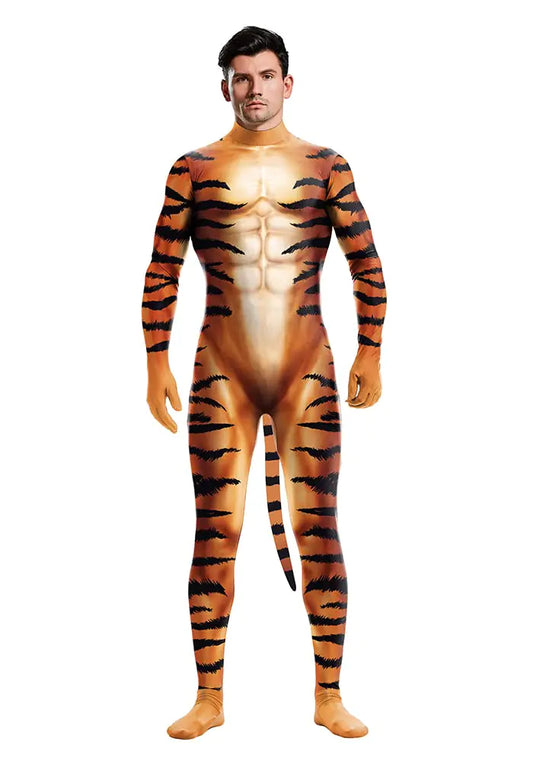 Bemeiren Cosplay Zentai Bodysuit for men Animal print with tail halloween Party furry catsuit tiger