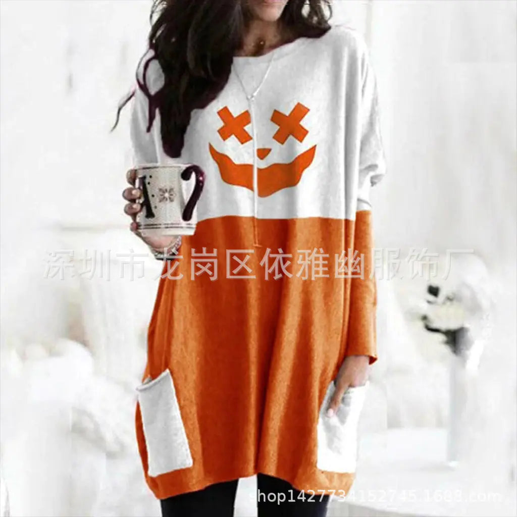 Pumpkin Halloween Long Sleeve Pocket Dress