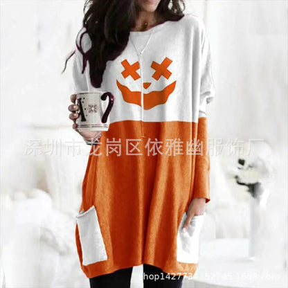 Pumpkin Halloween Long Sleeve Pocket Dress