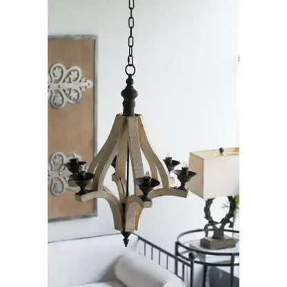 6 - Light Wood Chandelier With Adjustable Chain For Kitchen, Dining Hall Entrance, Bulb Not Included