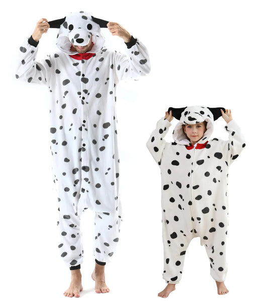 DELEY Unisex One Piece Animal Adult Dalmatian Onesie Animal Pajamas Halloween Cosplay Costume for Women and Mens Parent-Child Sleepwear
