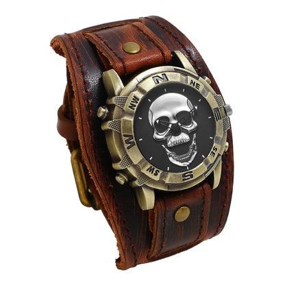 JewelryWe Wide Leather Skull Cuff Watch Vintage Wrist Watch Retro Quartz Wristwatches for Men Women for Halloween