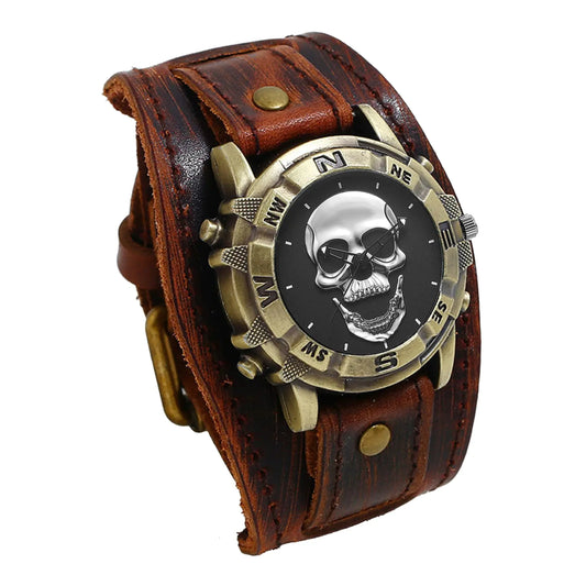 JewelryWe Wide Leather Skull Cuff Watch Vintage Wrist Watch Retro Quartz Wristwatches for Men Women for Halloween
