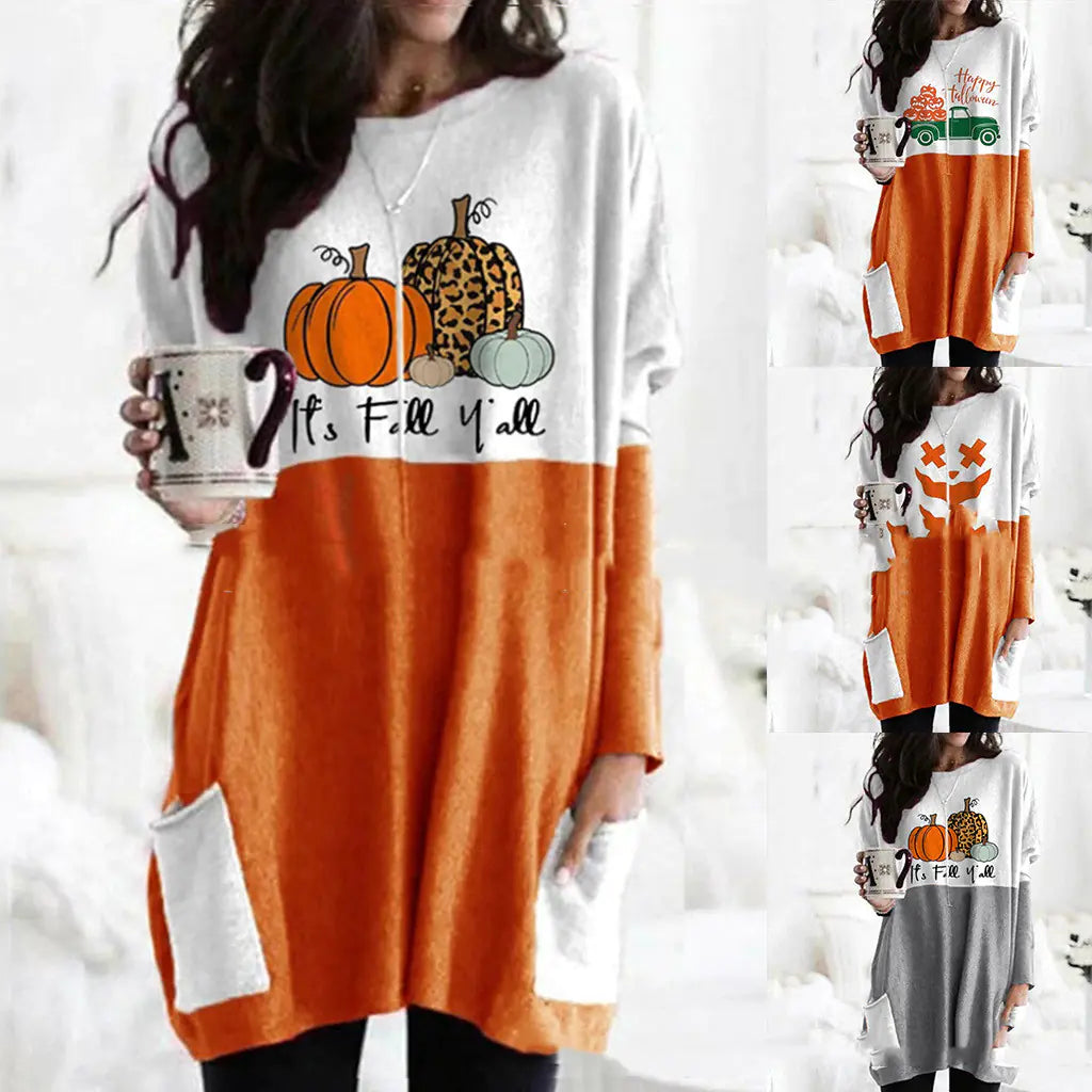 Pumpkin Halloween Long Sleeve Pocket Dress
